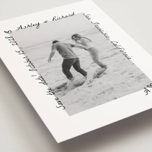 This is a graphite save the date postcards with standard by Claudia Orengo called showered printing on signature in postcard