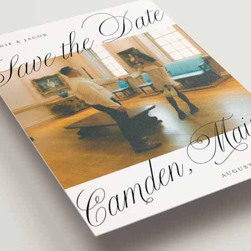 This is a snow save the date postcards with standard by Katharine Watson called bold script frame printing on signature in postcard