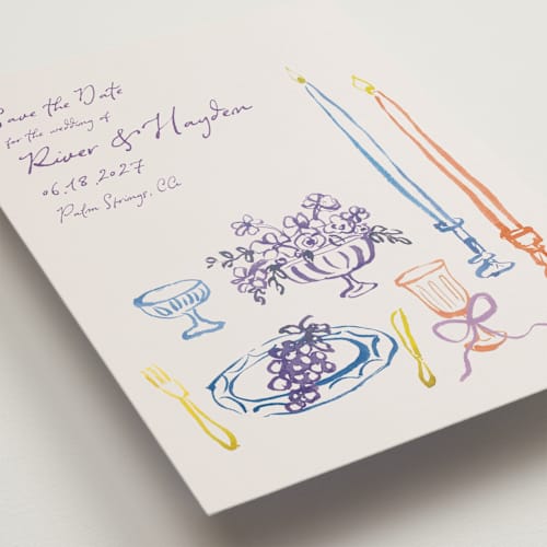 This is a hydrangea save the date postcards with standard by Cass Loh called tablescape drawing printing on signature in postcard