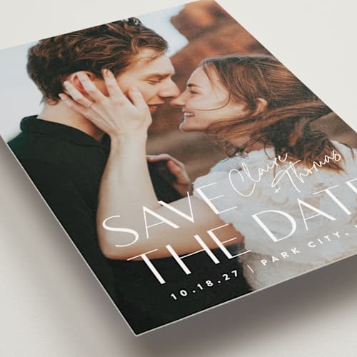 This is a cloud save the date postcards with standard by Carolyn MacLaren called cover printing on signature in postcard