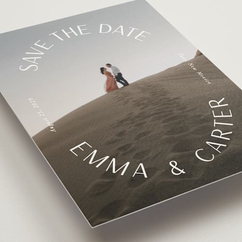 This is a pearl save the date postcards with standard by Susan Asbill called roundabout printing on signature in postcard