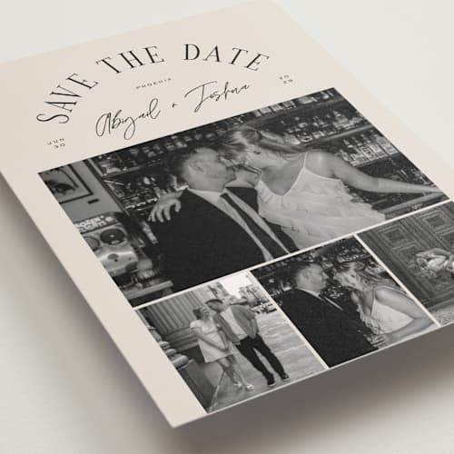 This is a taupe save the date postcards with standard by Michelle Taylor called archway printing on signature in postcard