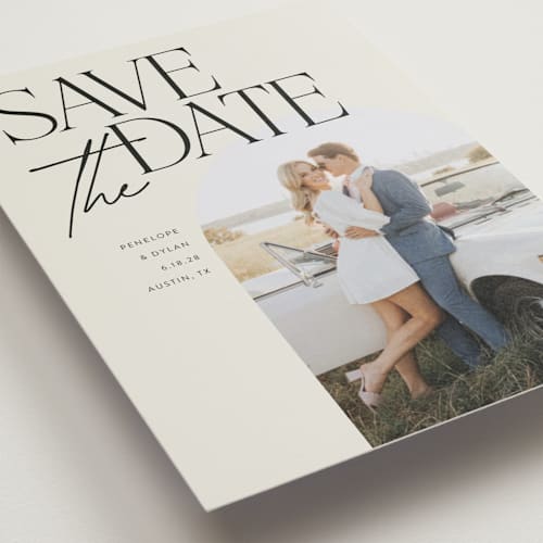 This is a ecru save the date postcards with standard by Morgan Kendall called penelope printing on signature in postcard