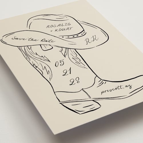 This is a sand save the date postcards with standard by Jelena Vuletic called lariat printing on signature in postcard