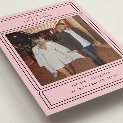 This is a gumdrop save the date postcards with standard by Pati Cascino called ticket printing on signature in postcard