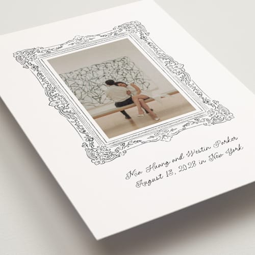 This is a diamond save the date postcards with standard by Jenna Holcomb called sketched frame printing on signature in postcard