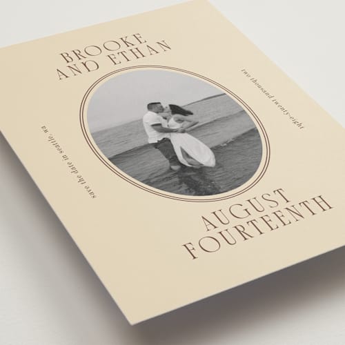 This is a buttercream save the date postcards with standard by Angela Garrick called ethan printing on signature in postcard