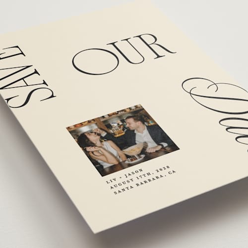 This is a buttercream save the date postcards with standard by Olivia Goree called true romance printing on signature in postcard