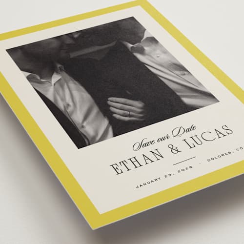 This is a citron save the date postcards with standard by Blustery August called mille-feuille printing on signature in postcard