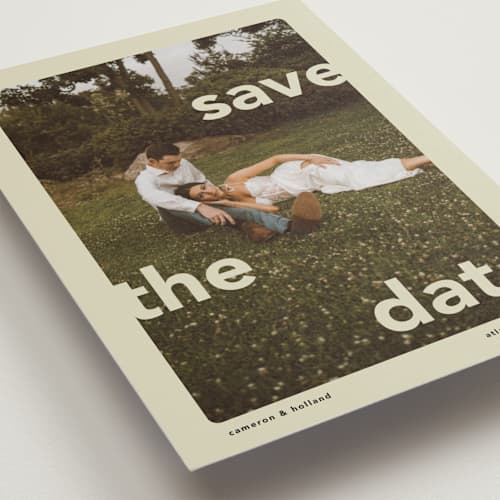 This is a mint save the date postcards with standard by Lori Wemple called save.the.date printing on signature in postcard