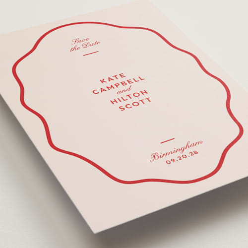 This is a cherry save the date postcards with standard by Megan Davis called croquet printing on signature in postcard