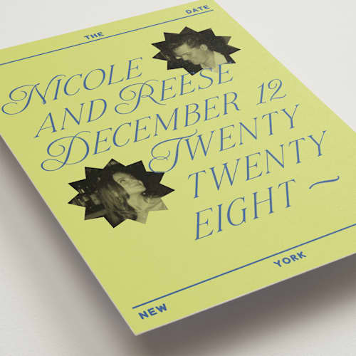 This is a chartreuse save the date postcards with standard by Jennifer Lew called communiqué printing on signature in postcard