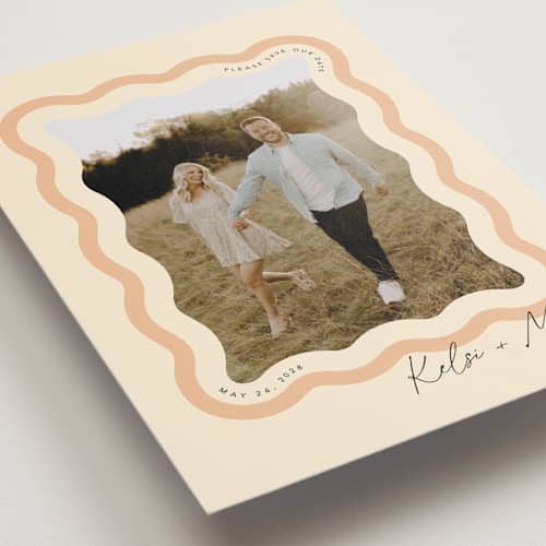 This is a seashell save the date postcards with standard by Robert and Stella called wavy printing on signature in postcard
