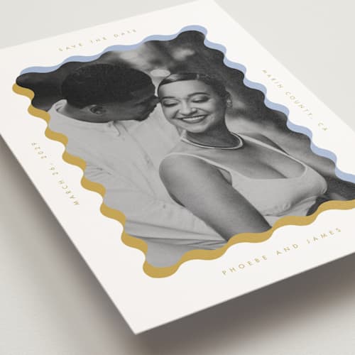 This is a aqua save the date postcards with standard by Baumbirdy called wavy frame printing on signature in postcard