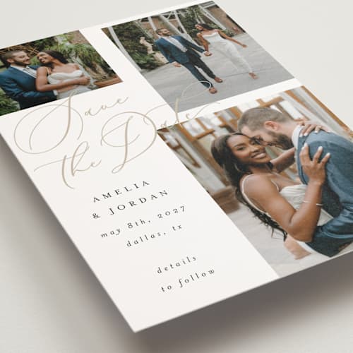 This is a snow save the date postcards with standard by AK Graphics called whimsy printing on signature in postcard