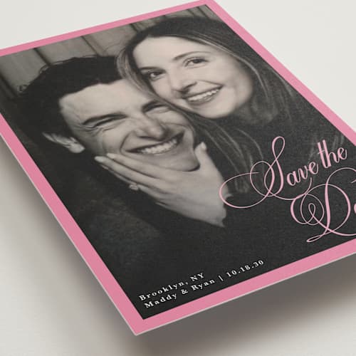 This is a peony save the date postcards with standard by Morgan Kendall called bubblegum printing on signature in postcard