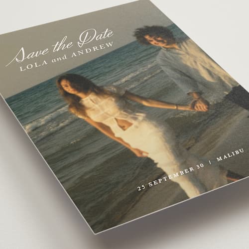 This is a pearl save the date postcards with standard by Stacey Day called essence printing on signature in postcard