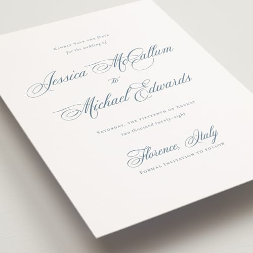 This is a dusty blue save the date postcards with standard by Jennifer Postorino called empire printing on signature in postcard