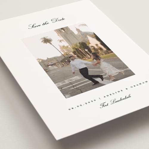 This is a snow save the date postcards with standard by Pixel and Hank called minimal printing on signature in postcard