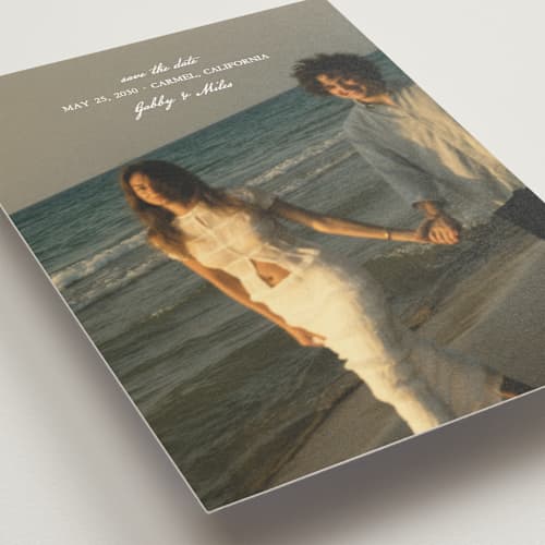 This is a snow save the date postcards with standard by Kate Ahn called alma printing on signature in postcard