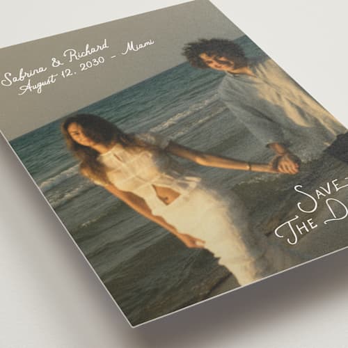 This is a moonstone save the date postcards with standard by Creo Study called slanted printing on signature in postcard