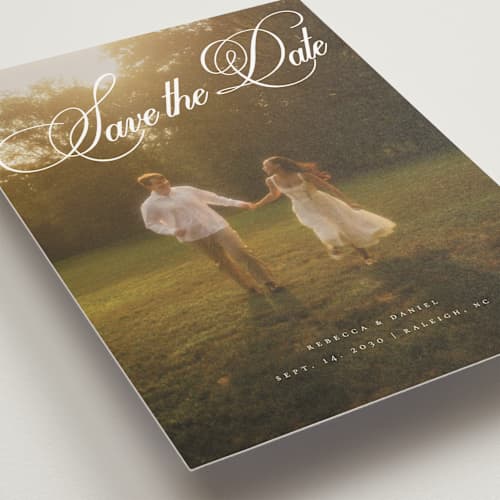 This is a porcelain save the date postcards with standard by Orasie called vintage elegant printing on signature in postcard