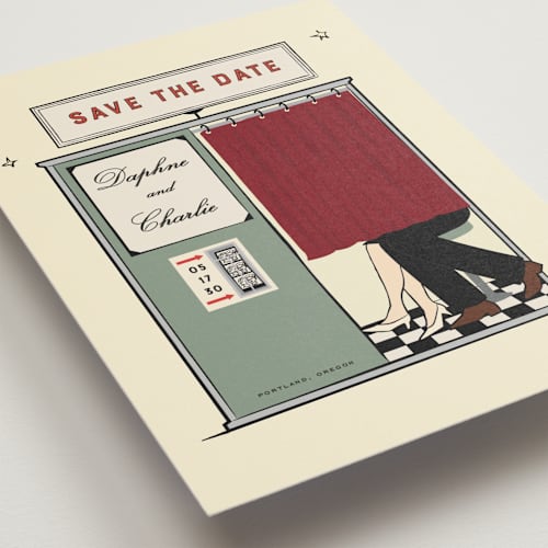 This is a vintage save the date postcards with standard by Jennifer Lew called photobooth printing on signature in postcard