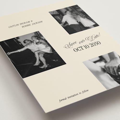 This is a cream save the date postcards with standard by Robert and Stella called saved snaps printing on signature in postcard