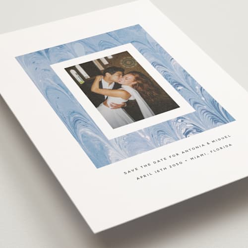 This is a sea save the date postcards with standard by Olivia Kanaley Inman called marbled printing on signature in postcard