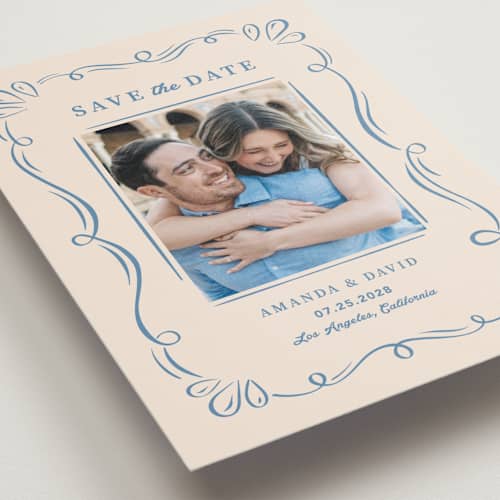 This is a dusty blue save the date postcards with standard by Lucia Saisse called happy day printing on signature in postcard