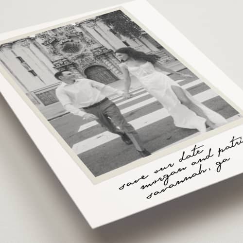 This is a ivory save the date postcards with standard by Maja Cunningham called venecia printing on signature in postcard