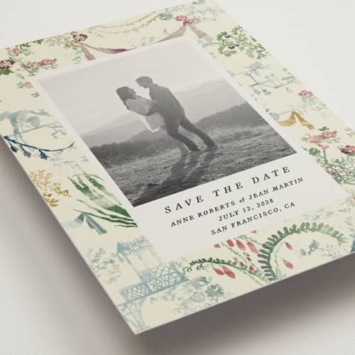 This is a nouvelle save the date postcards with standard by Sumak Studio called chinoiserie printing on signature in postcard