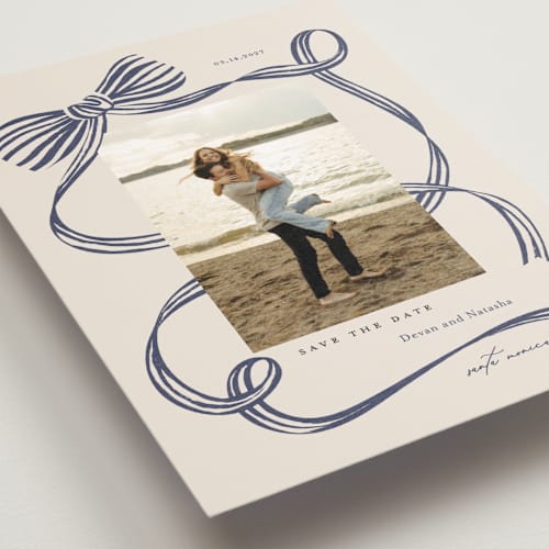 This is a blue spruce save the date postcards with standard by Carrie ONeal called neddy printing on signature in postcard