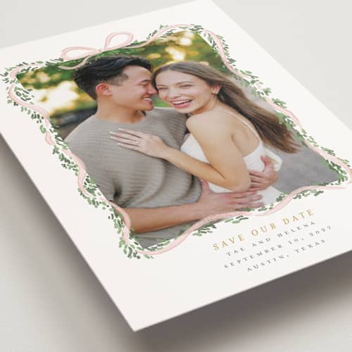 This is a blush save the date postcards with standard by Itsy Belle Studio called ribbonly frame printing on signature in postcard