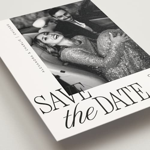 This is a pearl save the date postcards with standard by Melanie Kosuge called right side printing on signature in postcard