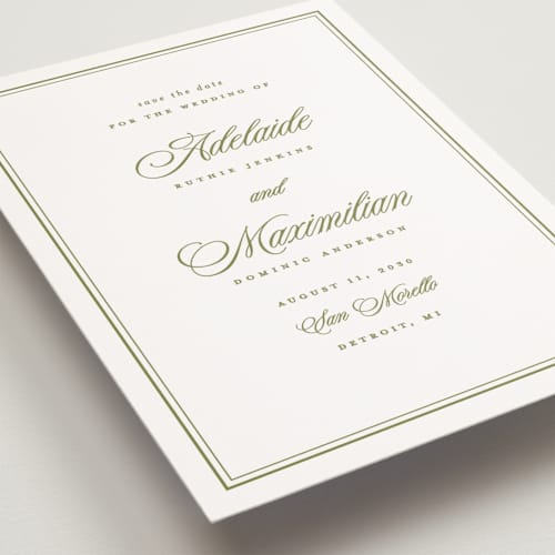 This is a olive save the date postcards with standard by Ellen Schlegelmilch called museo printing on signature in postcard