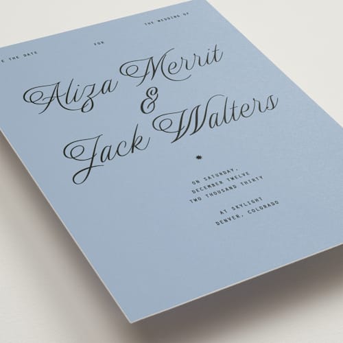 This is a sky save the date postcards with standard by Blustery August called cheers printing on signature in postcard