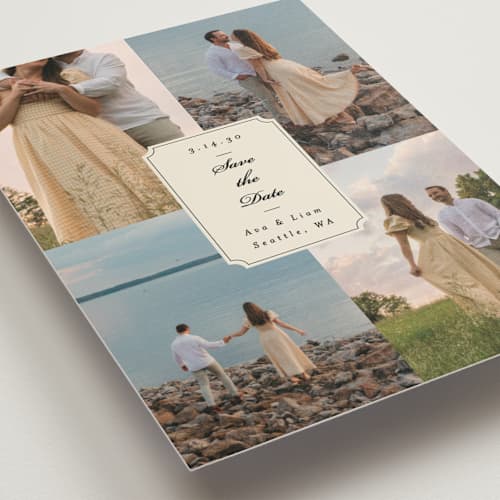 This is a cream save the date postcards with standard by Ashley Iwafuchi called vintage wishes printing on signature in postcard