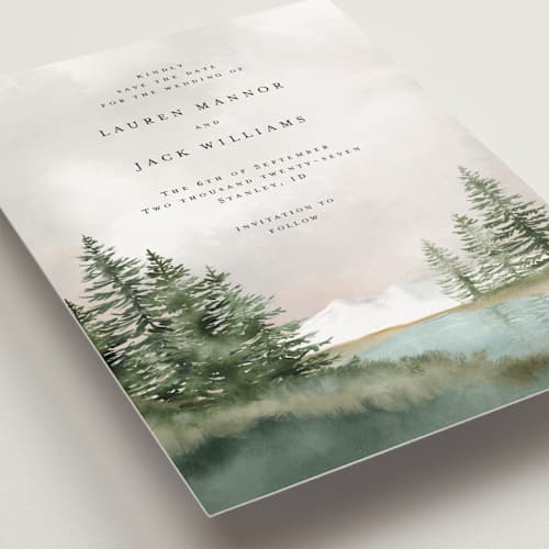 This is a forest save the date postcards with standard by Petra Kern called montagna printing on signature in postcard