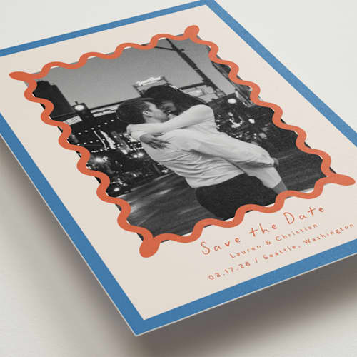 This is a papaya save the date postcards with standard by Blustery August called party squiggle printing on signature in postcard