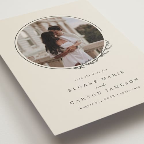 This is a almond save the date postcards with standard by Brianne Larsen called branched printing on signature in postcard