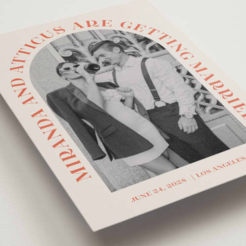 This is a persimmon save the date postcards with standard by Sarah Cohn called surrounding printing on signature in postcard