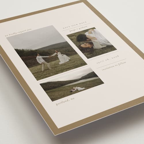 This is a linen save the date postcards with standard by Bramble Studio called savour printing on signature in postcard