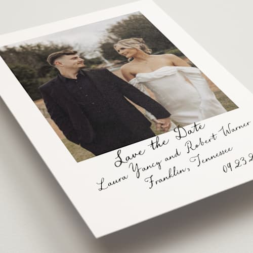 This is a snow save the date postcards with standard by Sara Hicks Malone called vintage script printing on signature in postcard