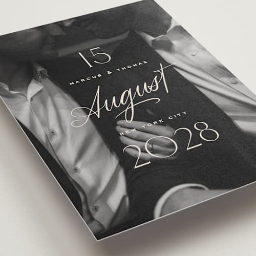 This is a ivory save the date postcards with standard by Oscar and Emma - Karly Depew called the date is set printing on signature in postcard