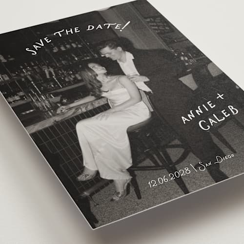 This is a ivory save the date postcards with standard by Stephanie Heinrich Godbout called lovers printing on signature in postcard