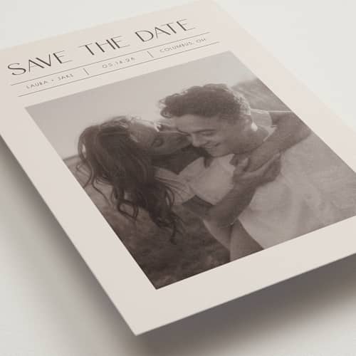 This is a mist save the date postcards with standard by Christy Hy Lee called you and me printing on signature in postcard