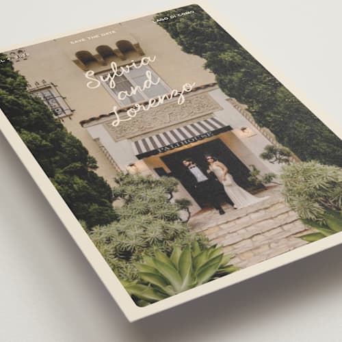 This is a cream save the date postcards with standard by Ellen Schlegelmilch called sylvia printing on signature in postcard