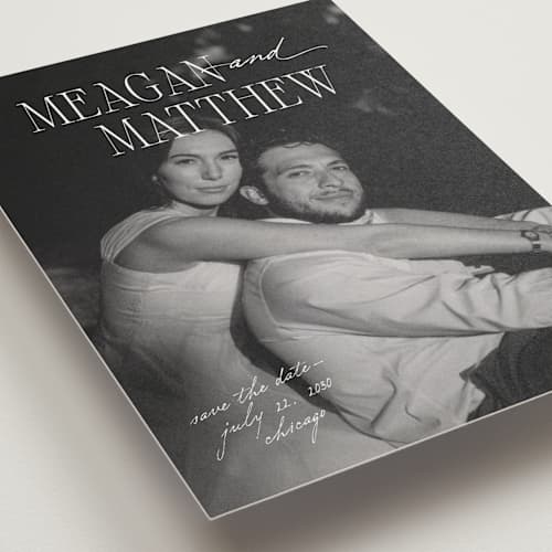 This is a pearl save the date postcards with standard by Mellary Bitner called cover shot printing on signature in postcard