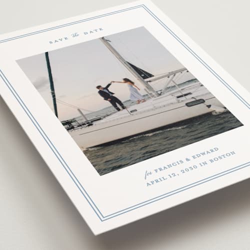 This is a ocean save the date postcards with standard by Carolyn MacLaren called boathouse printing on signature in postcard